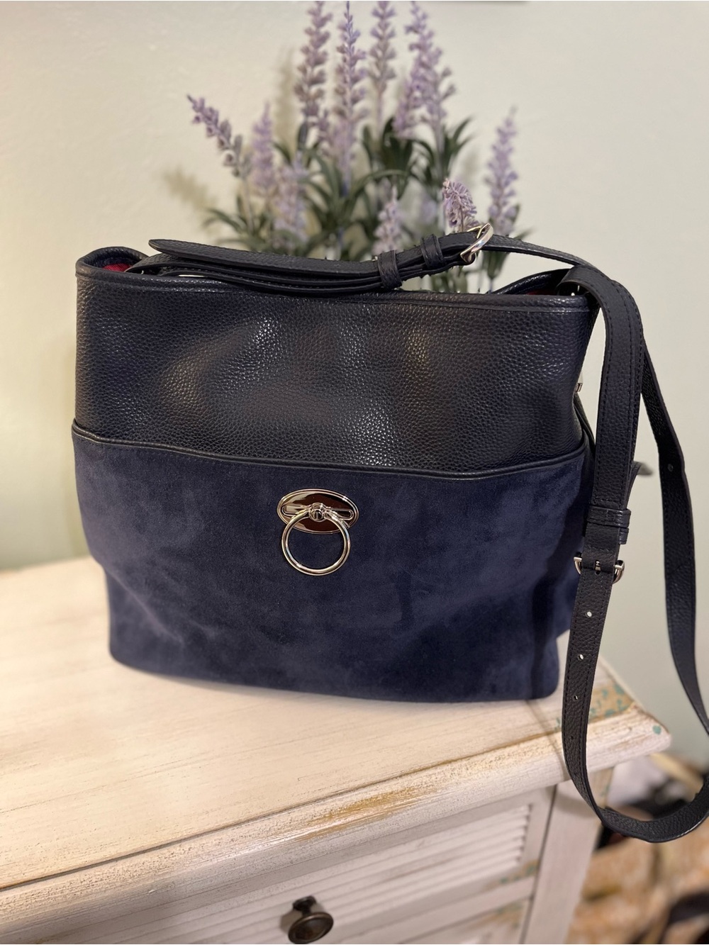 Talbots Navy Blue Hobo Suede and Leather Shoulder Bag Purse Excellent Condition